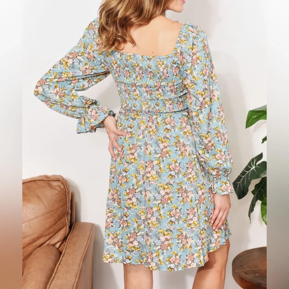 NEW Double Take Spring Floral Smocked Long Ruffle Sleeve Square Neck Dre… - Picture 6 of 12